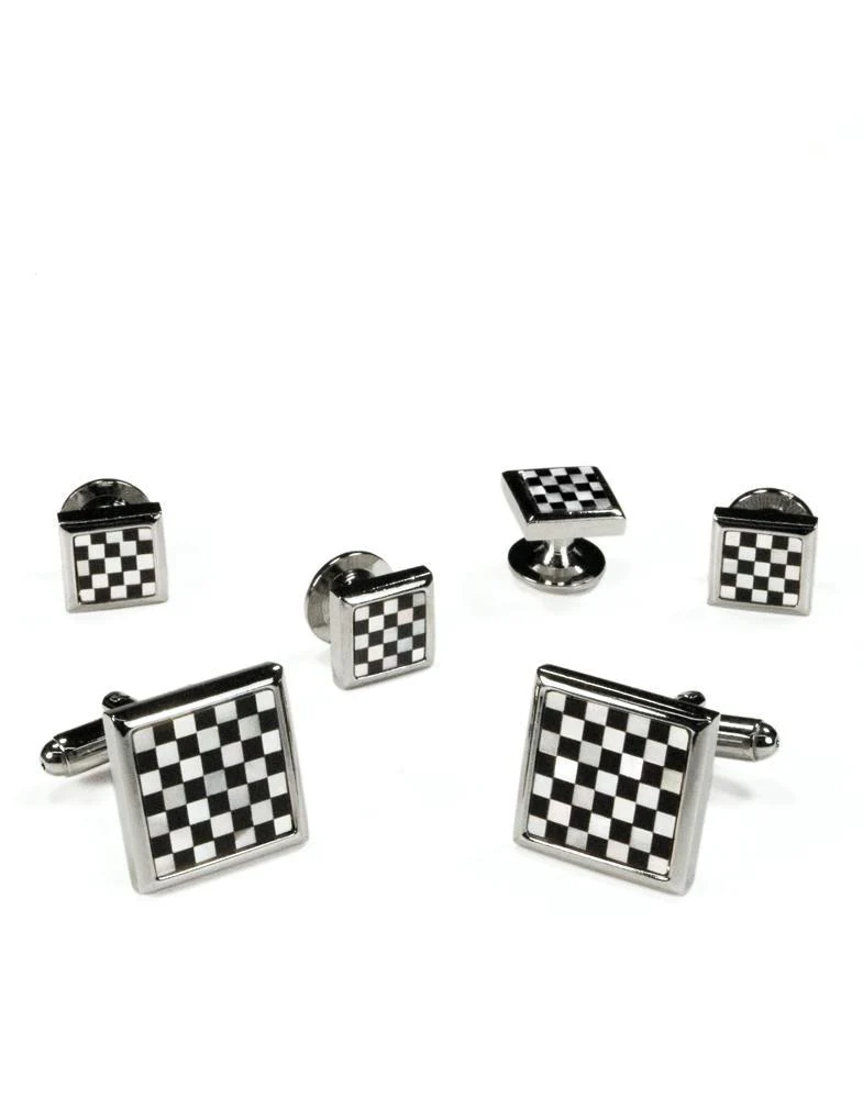 Black & White Square Onyx and Mother of Pearl Checkerboard with Silver Trim Studs and Cufflinks Set