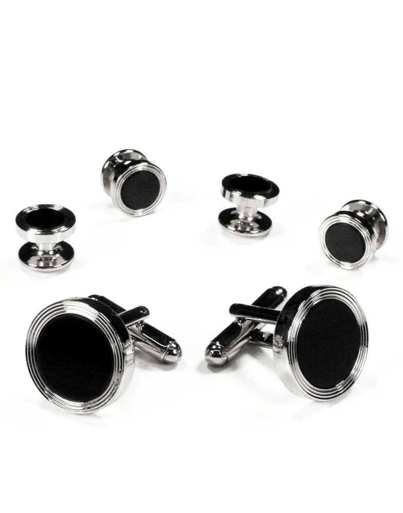 Black Circular Onyx with Silver Edge Concentric Circles Studs and Cufflinks Set