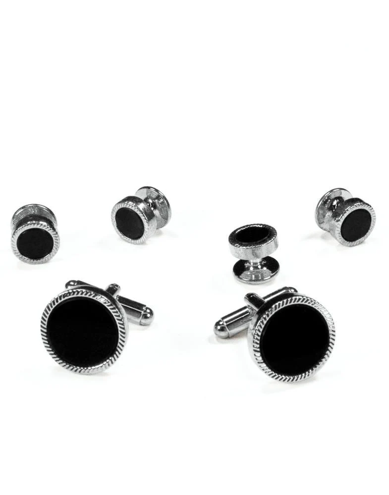 Black Circular Onyx with Silver Feather Cut Edge Studs and Cufflinks Set