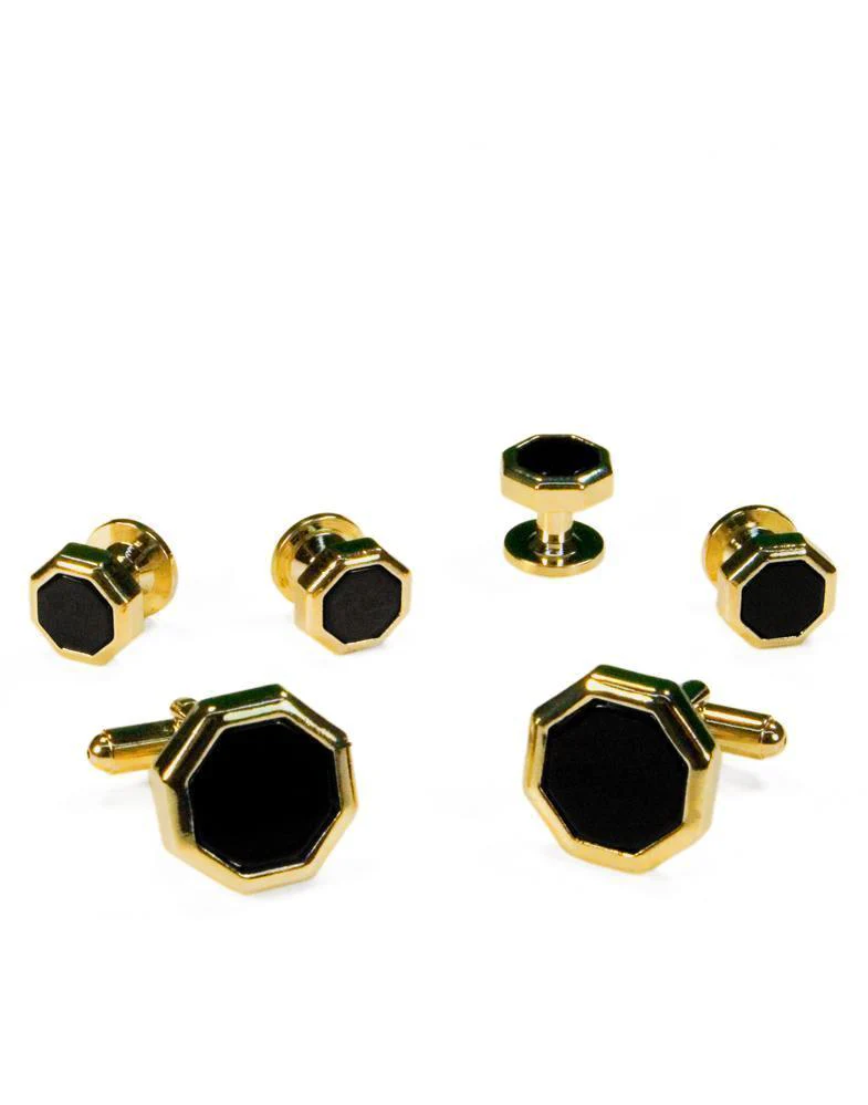 Black Octagon Onyx with Gold Edge Studs and Cufflinks Set