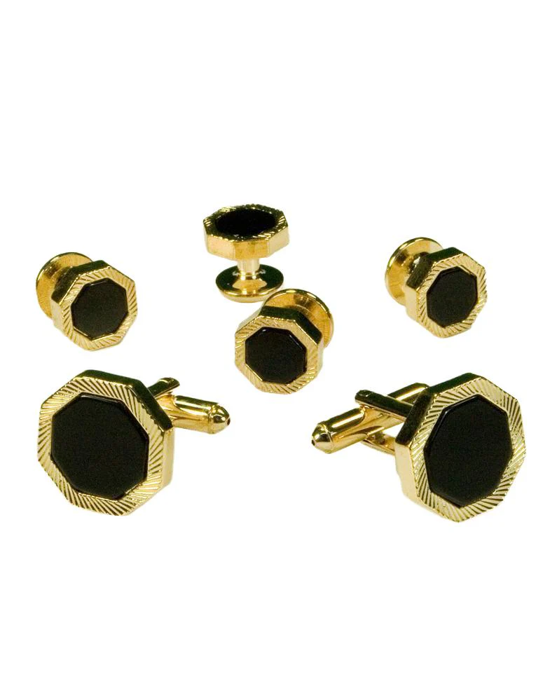 Black Octagon Onyx with Gold Feathered Edge Studs and Cufflinks Set