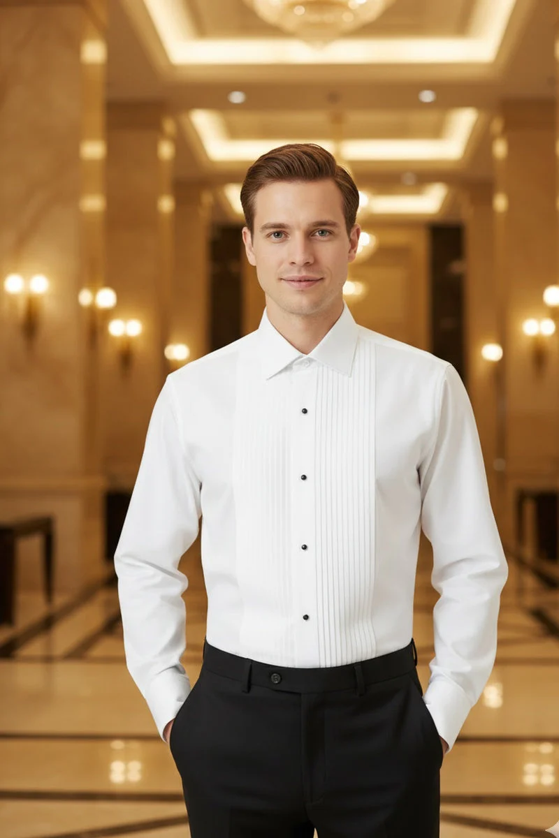 "Charles" White Spread Collar Tuxedo Shirt - Image 14