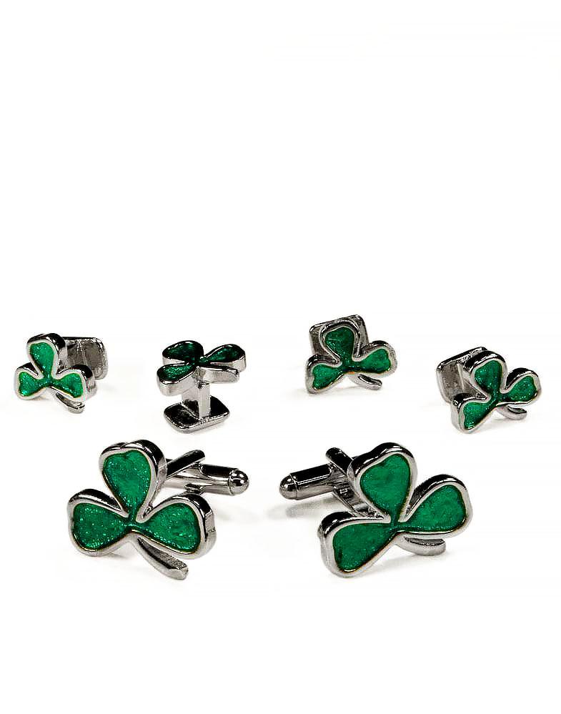 Irish Clovers Silver Studs and Cufflinks Set