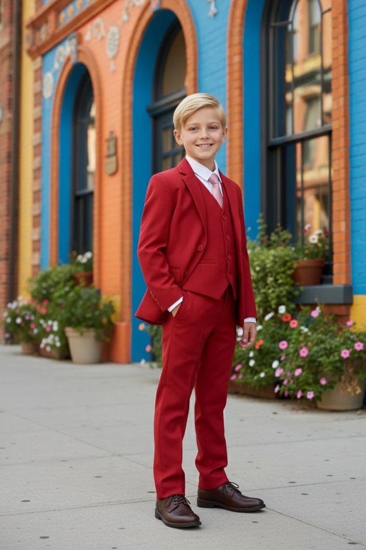 "Liam" Kids Red Suit (5-Piece Set)