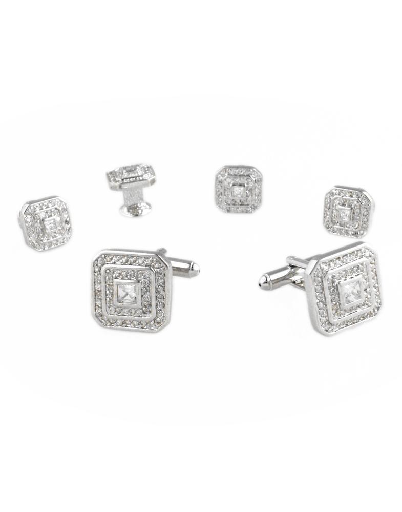 Square CZ with Silver Trim Studs and Cufflinks Set
